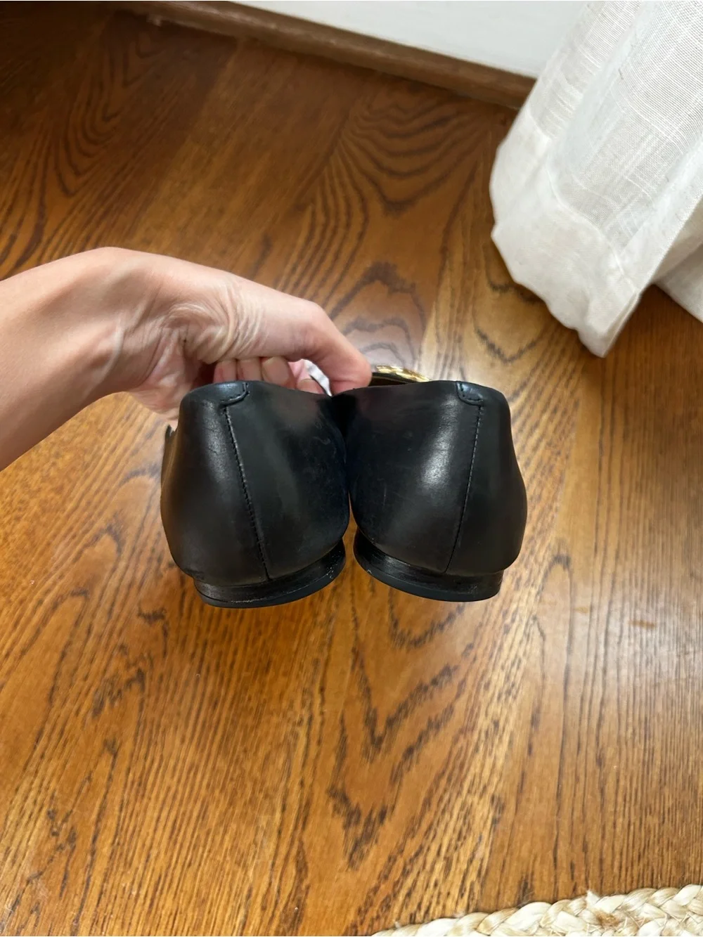 Tory Burch Black Leather Logo Flats with Gold Emblem